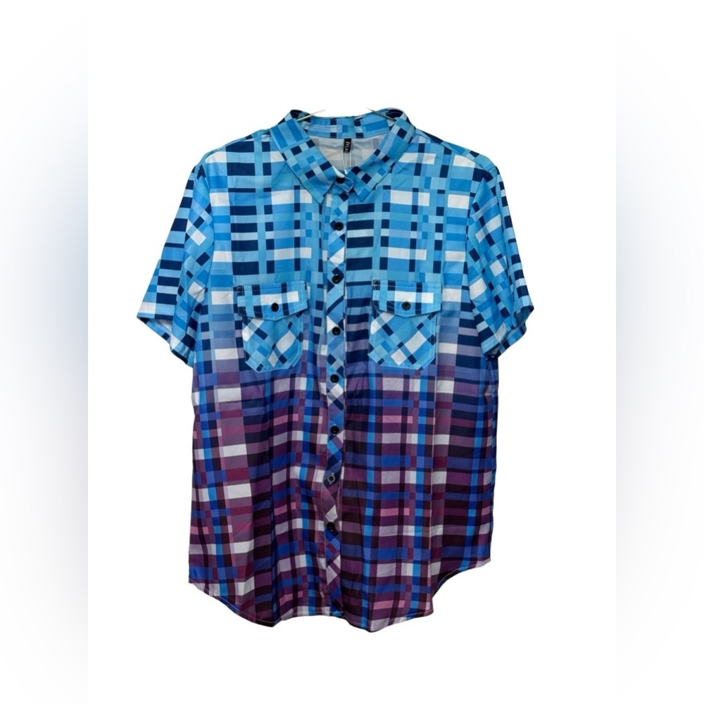 NWT Flamingo Brand Plaid Short Sleeve Button up Top XL (Chinese) Great Colors